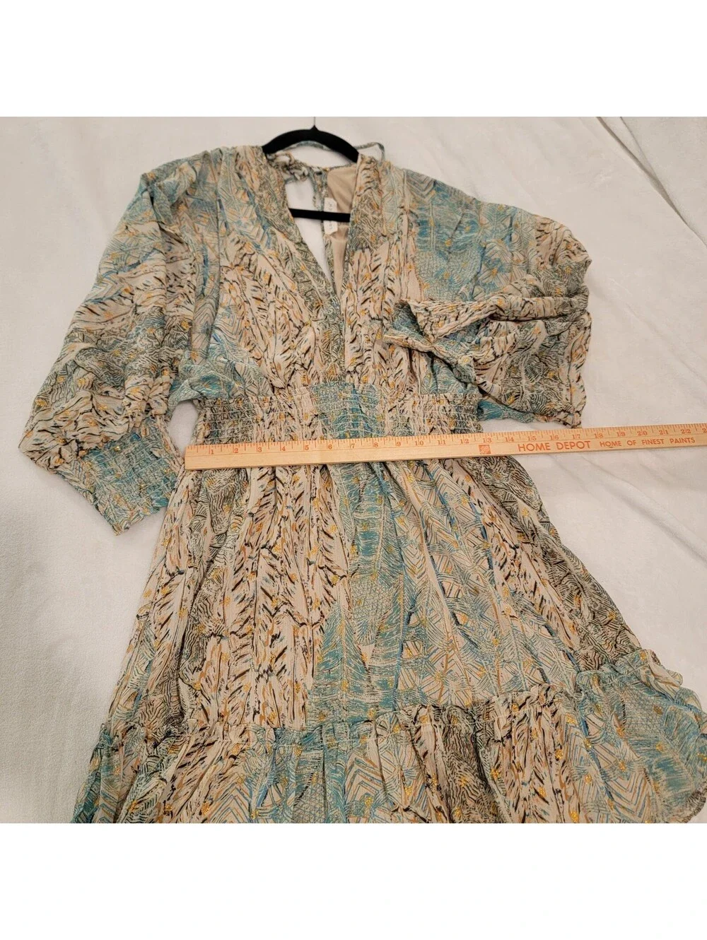 Lovestitch Boho Mini Dress Open Back Gold Foil Split Sleeve Smocked Blue M